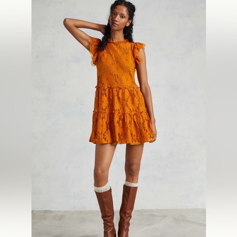 Anthropologie “Blue Tassel” tiered tunic lace dress